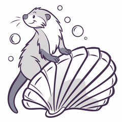 Cheerful otter resting on large seashell surrounded by bubbles marine life aquatic