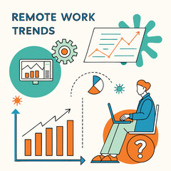 Illustration showing remote work trends with graphs, charts, and a person using a laptop