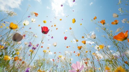 84.A whimsical scene of shattered wildflowers in various hues gently levitating in a crisp, cloudless blue sky, illuminated by rays of sunlight.