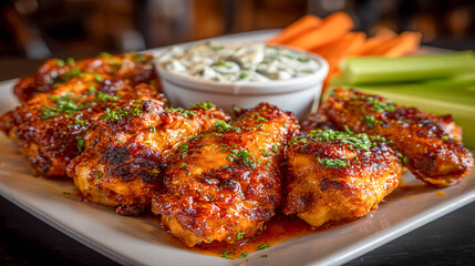 Juicy, mouth-watering chicken wings covered with rich barbecue sauce, garnished with finely chopped green onions. There are fresh vegetables on a plate nearby.