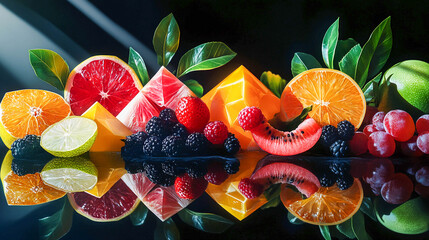 Bright, juicy slices of various fruits lying on a wet surface. These include pieces of orange, lemon, kiwi, watermelon, water melon, grapefruit, as well as raspberries and cranberries.