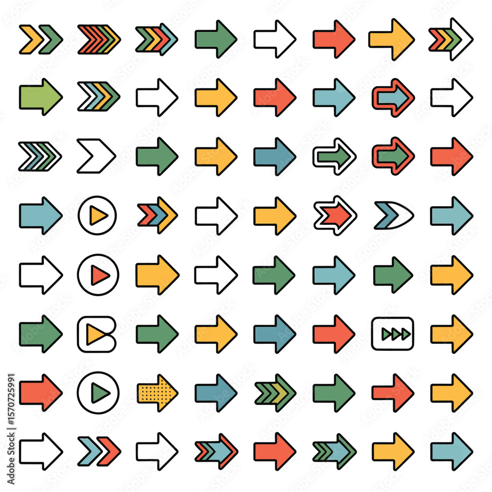 Poster diverse grid of colorful arrows icons vector illustration featuring various arrow styles including s