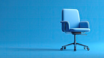 A single, light-blue upholstered office chair with silver base and wheels sits on a matching blue background