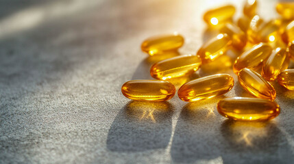 Several capsules with orange oil or vitamin supplements scattered on the surface. The light falls from above, creating bright glare and reflections on the transparent capsules.