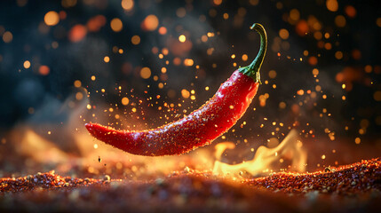 A bright red hot pepper that is in motion. Small particles of spices and peppers are scattered around it, creating an explosion or takeoff effect.