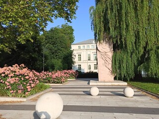 Spheres representing Solar system. Monument to medieval researcher.