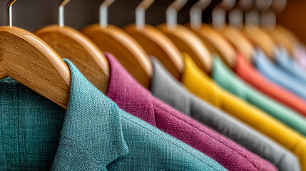 Several bright and colorful shirts hung on wooden hangers. They are neatly arranged in a row. The focus is on the bright details of the clothing, emphasizing their color and quality.