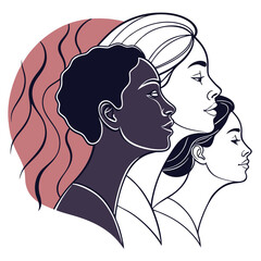Illustration of three women in profile with different skin tones and hairstyles on a pink background