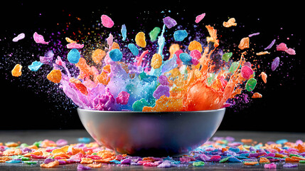 A bowl from which brightly colored flakes spill out and fly in different directions. Water or milk splashes up along with the flakes.