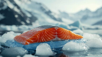 A piece of fresh salmon lying on pieces of ice in cold seawater, surrounded by an Arctic or Antarctic landscape.