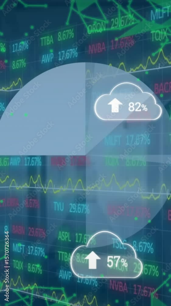 Poster Animation of clouds with uploading globe and icons rotating over globe rotating with numbers process