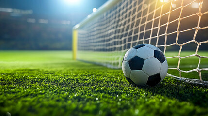 A football lying on the grass near the goal of a football field.