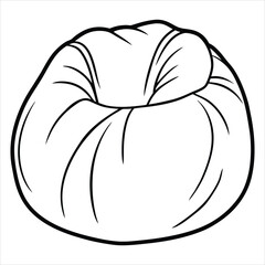 Simple black and white outline drawing of a round soft beanbag chair with visible stitching lines and a creased texture isolated on a white background