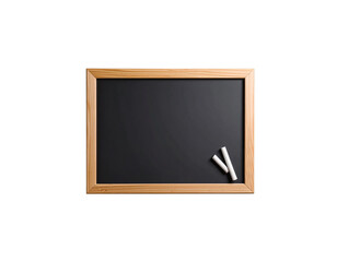 Old blank blackboard with wooden frame and dusty chalk isolated on white background