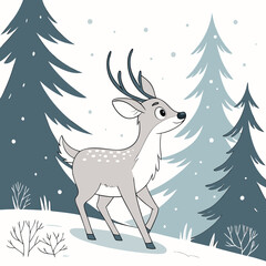 Cute deer walking in a snowy forest with fir trees fawn winter