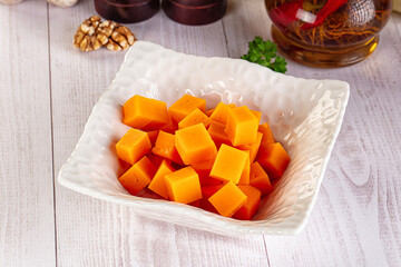 Yellow cheddae cheese cubes snack