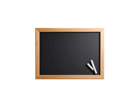 Old blank blackboard with wooden frame and dusty chalk isolated on white background