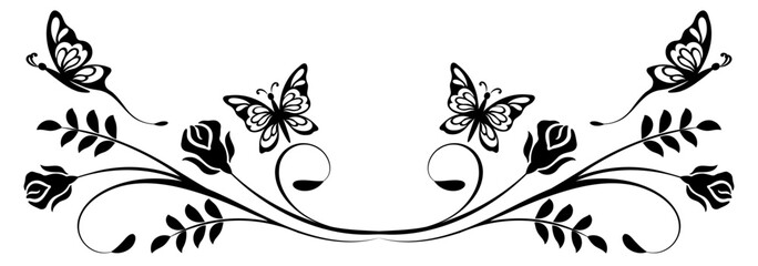 Ornament with rose flowers and butterflies. Text divider. Decorative element for decor and text greeting or invitation card design.