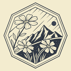 Illustration of flowers in a field with mountains and a moon inside an octagon shaped border design
