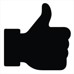 A simple, bold, black silhouette of a hand giving a thumbs-up gesture against a clean white background, representing approval and positivity