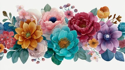 Colorful Bohemian Floral Composition Featuring Delicate Petals Leaves and Decorative Elements