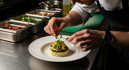 Chef meticulously garnishing a risotto dish with fresh microgreens in a professional kitchen