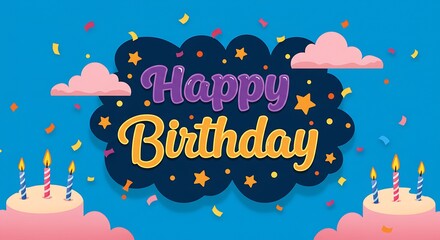 Playful Cartoon Happy Birthday Celebration with Cakes and Confetti Illustration