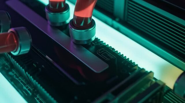 Neon-Lit PC Water Cooling System: Close-Up View of Custom-Built RGB Components