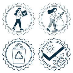 Illustration showing woman with checklist, planting, recycle bag and sun with check mark icon 100chr