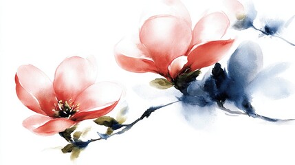 Minimal ink wash branch with pale blossoms delicate line work subtle natural hues background