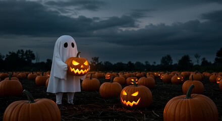 Spooky Halloween Ghost and Carved Pumpkin at a Pumpkin Patch Scene