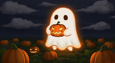 Cartoon Whimsical Halloween Ghost Holding Glowing Pumpkin in a Pumpkin Patch