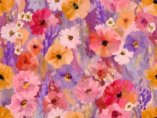 Seamless pastel watercolor pattern of wild poppies daisies lavender with soft abstract brushstrokes and floral accents in gentle hues