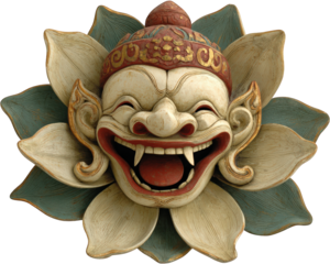 Traditional Thai mask with wide smile and fangs, surrounded by lotus flower petals, intricate details, vibrant colors, cultural and festive mood