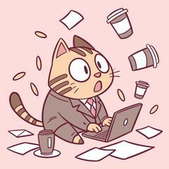 Cartoon cat in a suit working on a laptop with flying papers and coffee cups on a pink background