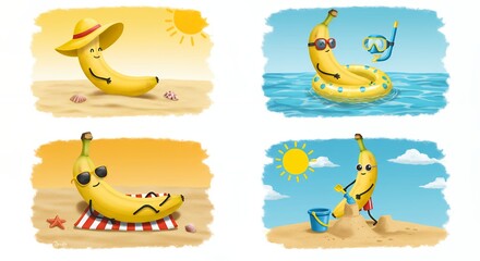 Funny banana characters enjoying summer