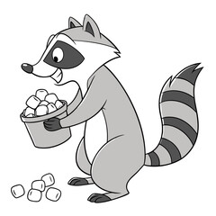 Gray raccoon holding bucket of marshmallows animal cartoon