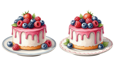 Berry Topped Cakes With Pink Drizzle isolated on a transparent background dessert