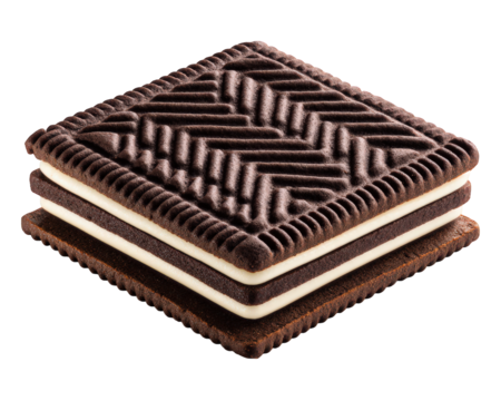 Chocolate square biscuit with visible cream layers, isolated on transparency background, showing detailed texture and appetizing appearance, perfect for snack or dessert concepts