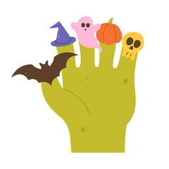 Playful flat vector illustration of a zombie hand with cute Halloween finger puppets