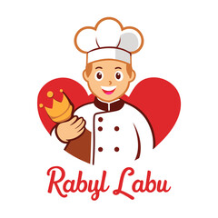 Happy chef holding golden crown with red heart background cooking