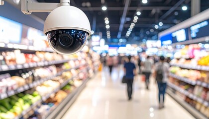 Obraz premium Security Camera Monitoring Supermarket Shoppers Safety and Security.