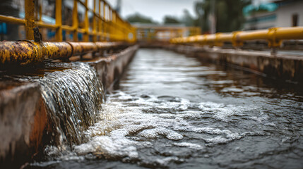 Dirty wastewater pouring into a treatment basin at a public water purification plant. Urban water system infrastructure for sewage treatment.