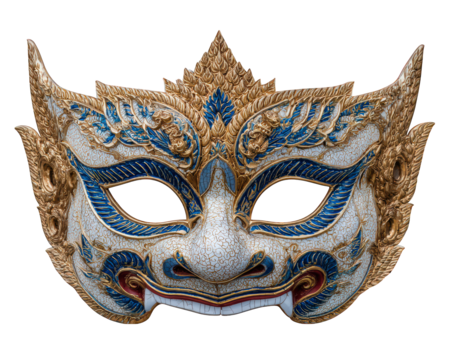 Traditional Thai mask with intricate gold, blue, and white patterns, used in classical dance drama, featuring ornate details and fierce expression, symbolizing cultural heritage