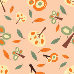 Trees and leaves on an orange background. Autumn seamless pattern for clothing, fabric, wallpaper, backdrop, home decoration, cover book, and wall art.
