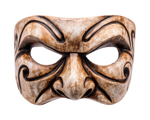 Wooden mask carved brown dramatic theatrical isolated object traditional expressive face emotion art mysterious performance cultural vintage handmade detailed ornate bold intense mask design craft