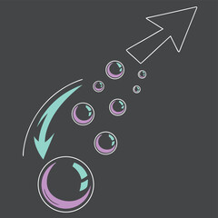 Illustration of bubbles floating upward with arrow and curved arrow on a gray background art