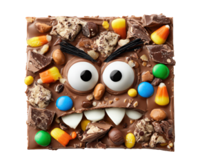 Chocolate bark candy eyes colorful candy nuts cookie pieces Halloween treat square shape fun spooky playful dessert