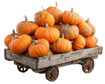 Pumpkin harvest wooden cart orange autumn vegetable rustic wheel isolated pumpkins stacked on weathered wooden cart evoke festive autumn harvest and rustic countryside charm - Powered by Adobe