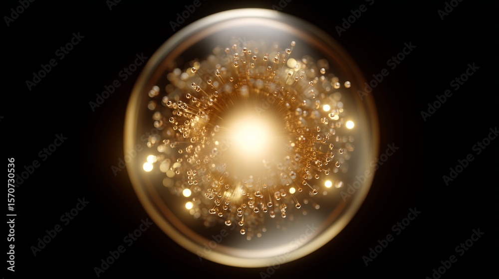 Poster bright glowing orb surrounded by sparkling bubbles in a dark setting creating an ethereal atmosphere